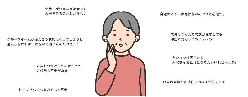 グループホーム探しで
こんなことにお悩みではないですか？